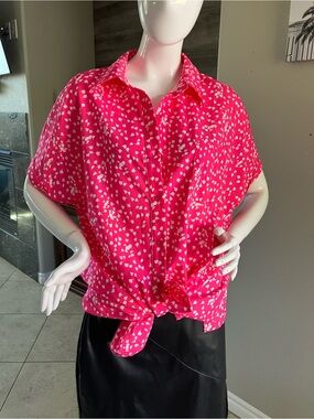 Bright Pink Short-Sleeve Top with White Abstract Dot Print XXL